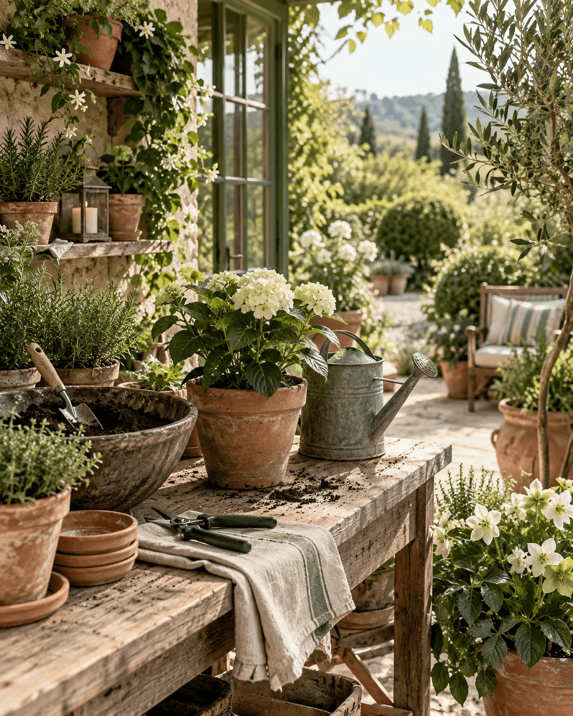 Sunlit garden workspace with potted flowers, herbs, soil, hand tools, and a watering can