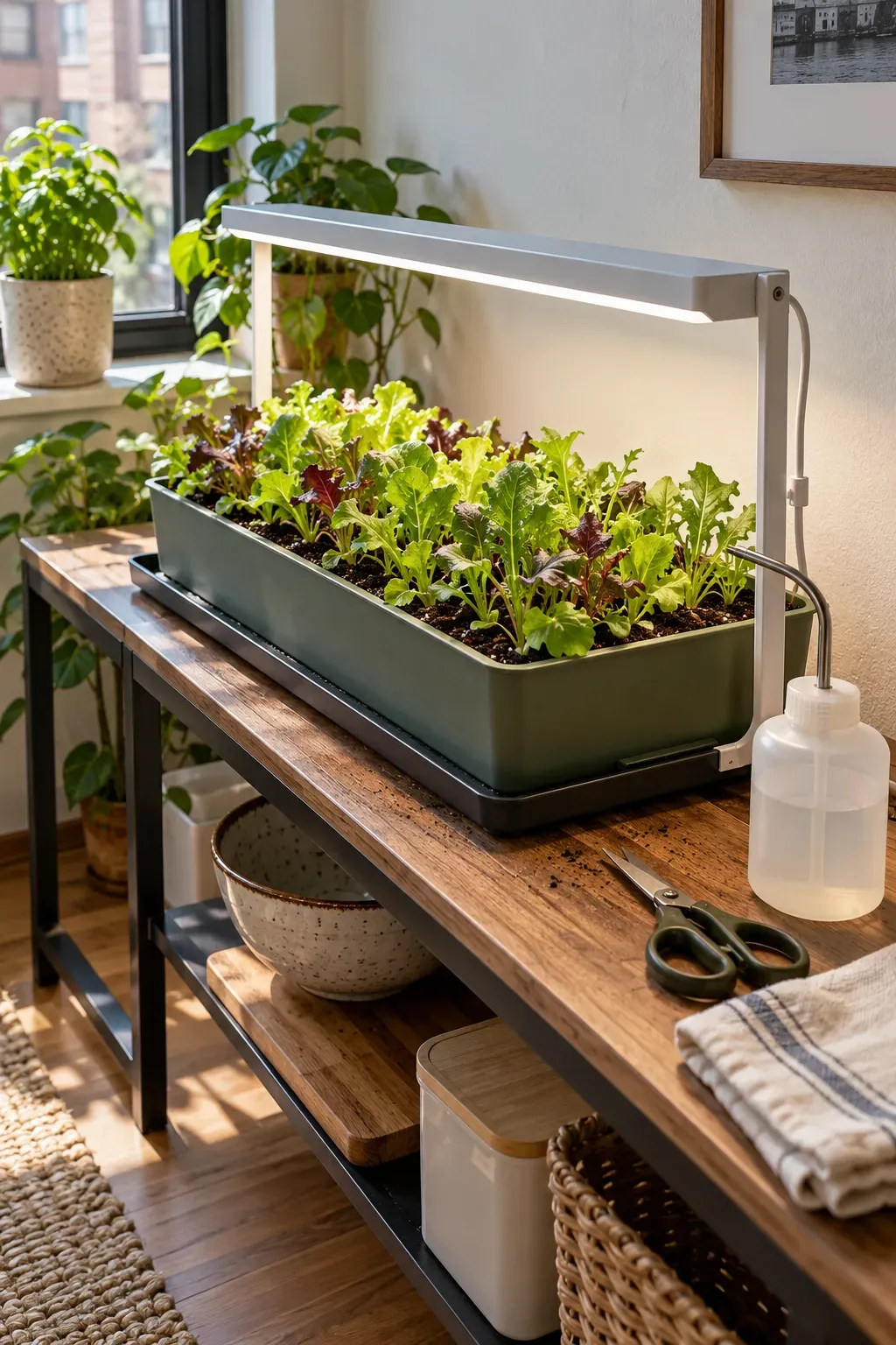 Baby greens growing beneath compact adjustable light in small apartment