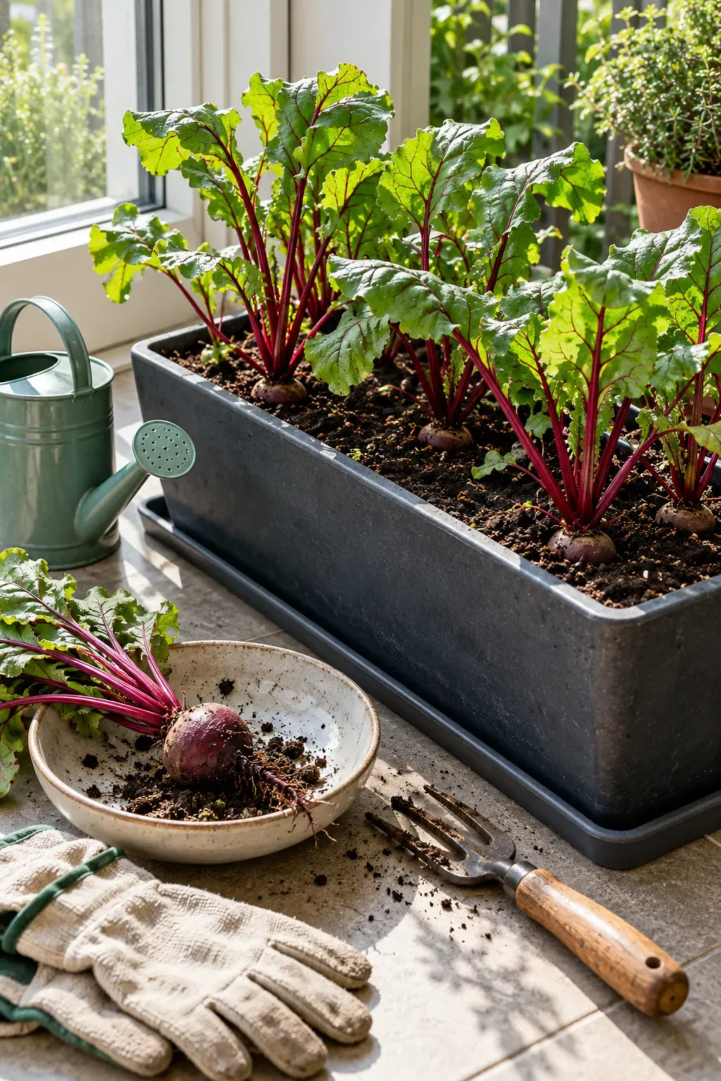Beets growing in deep apartment container with fresh edible leaves