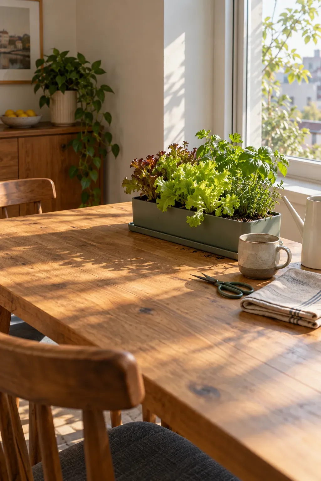 Compact leafy vegetable planter at sunny end of apartment dining table