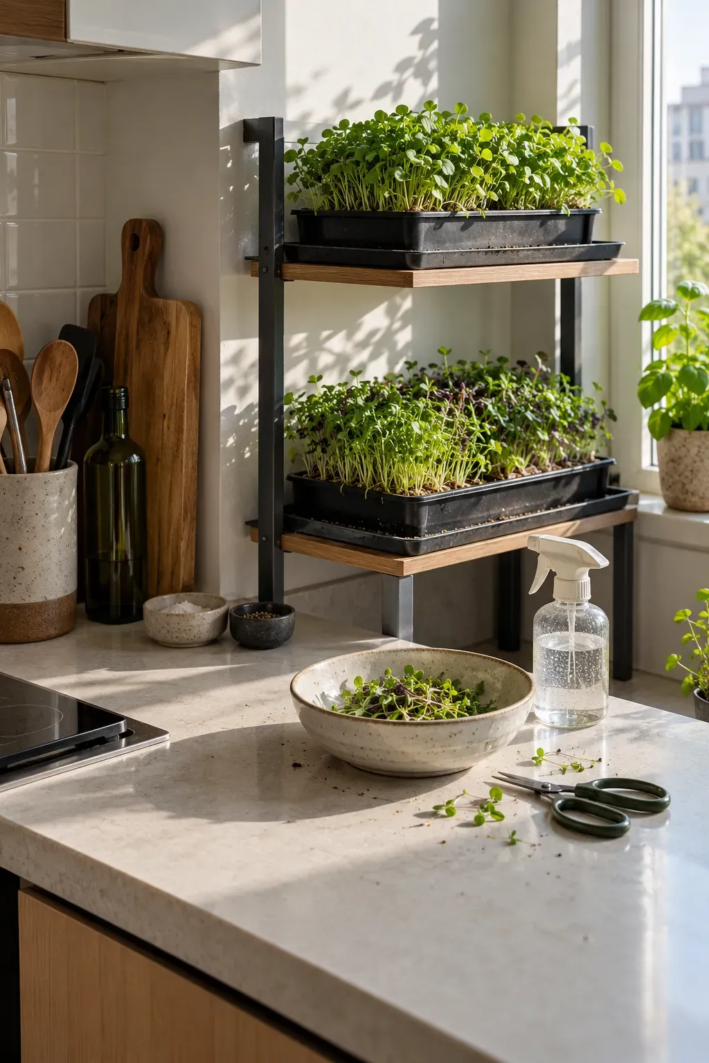 Small kitchen shelf holding realistic trays of fresh green microgreens