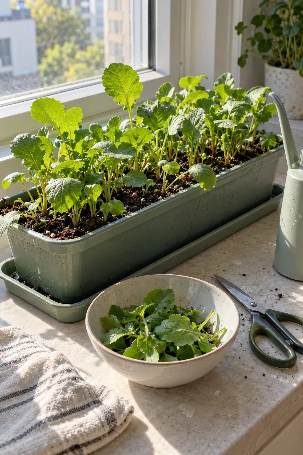 Young radish greens growing in shallow tray beside apartment window