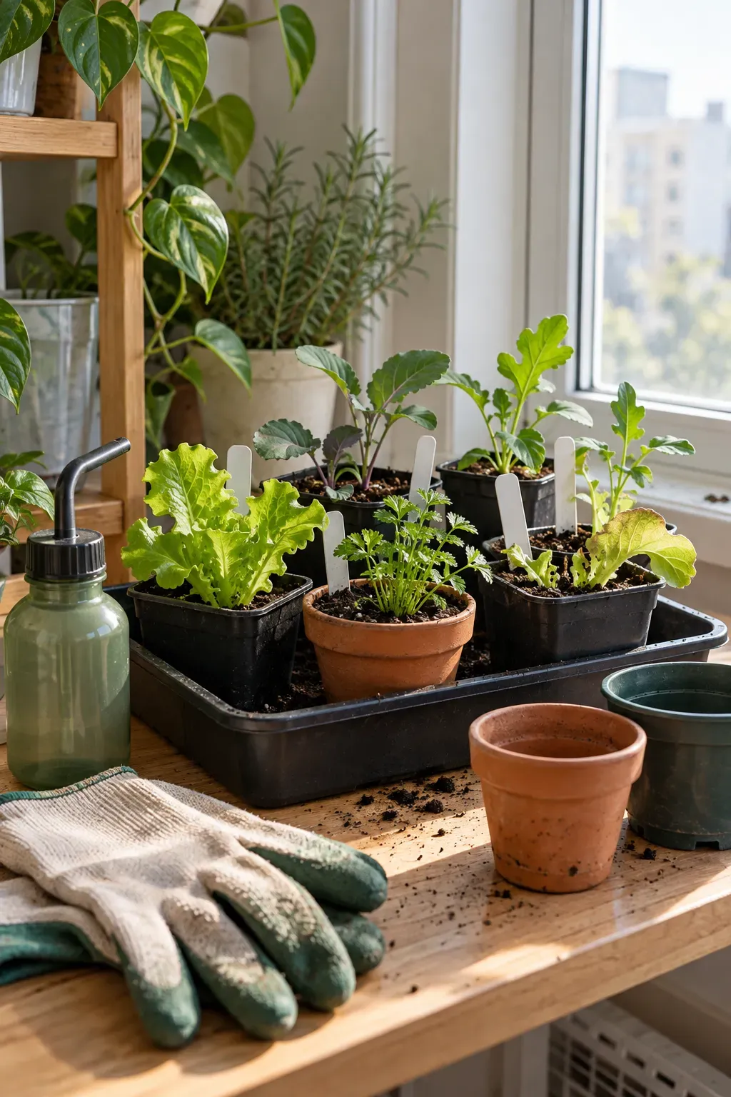 Small indoor nursery tray holding replacement vegetable seedlings near window