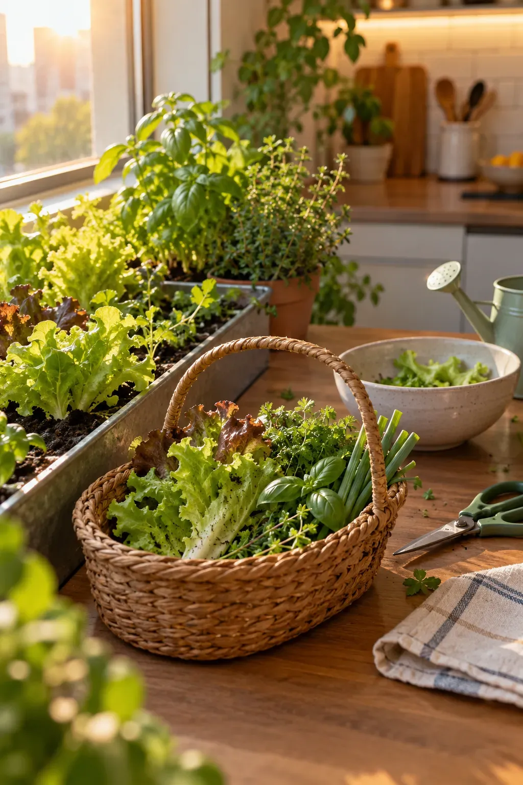 Small harvest basket beside apartment garden filled with fresh greens
