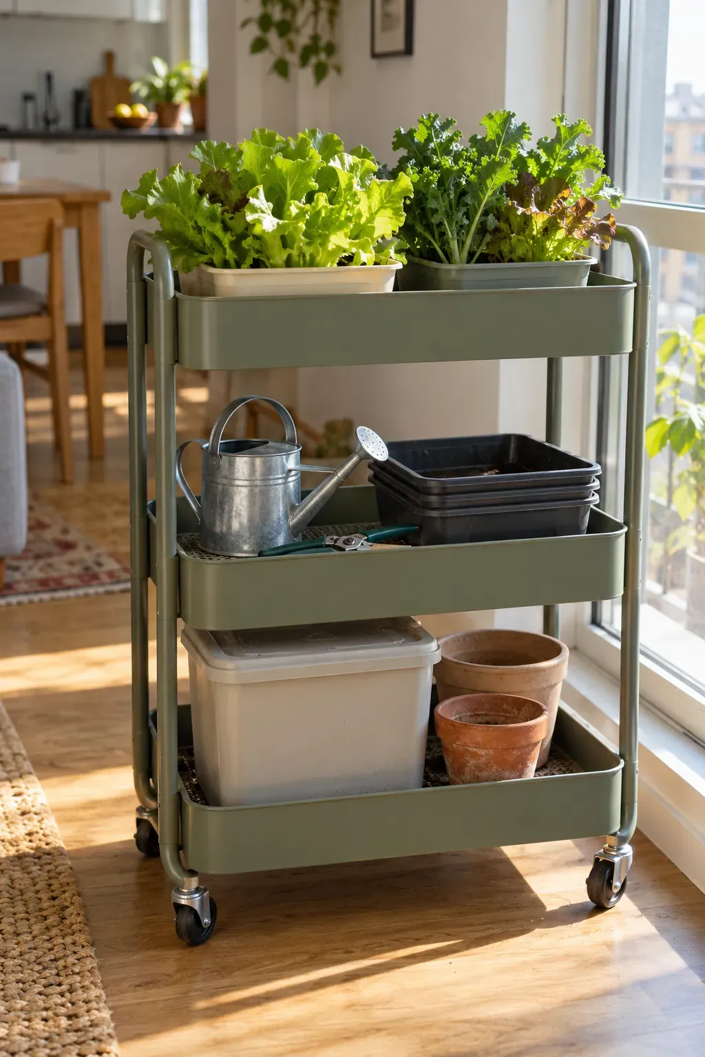 Rolling utility cart organized with vegetables and indoor gardening supplies