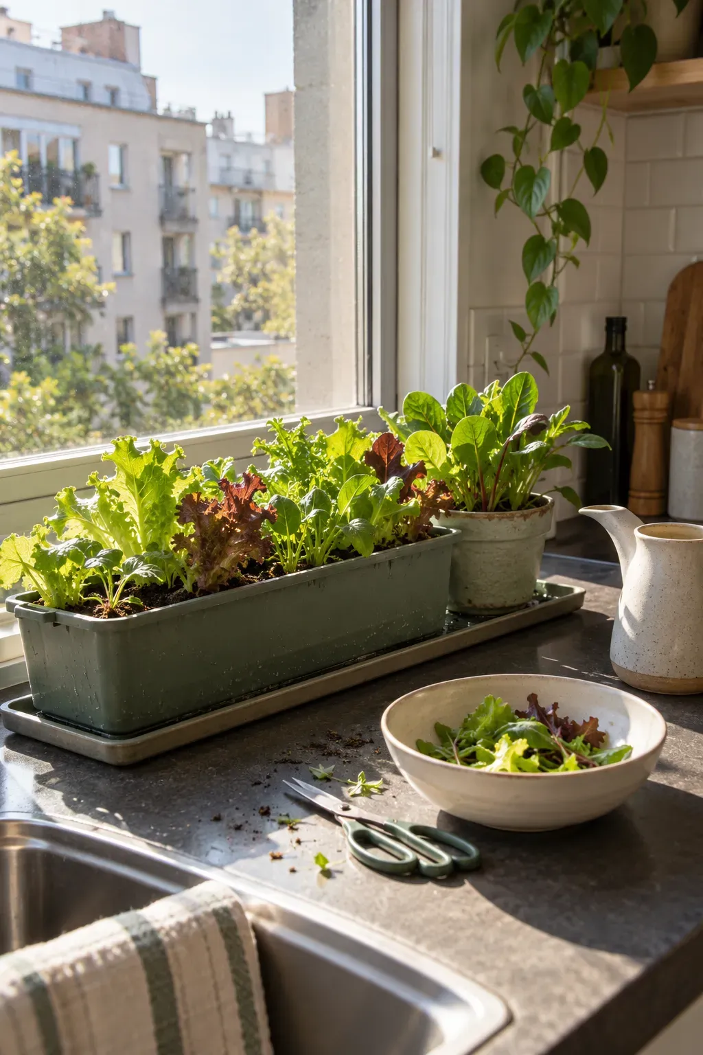 Bright apartment window with compact containers of fresh leafy salad greens