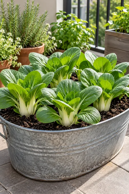 Baby bok choy forming compact heads in a wide patio container