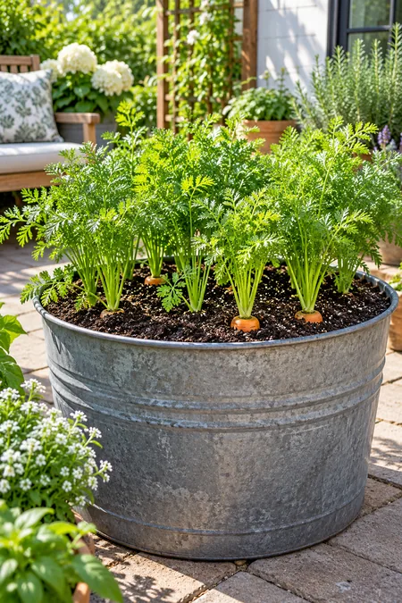 Short carrot varieties growing in loose soil inside a deep patio container