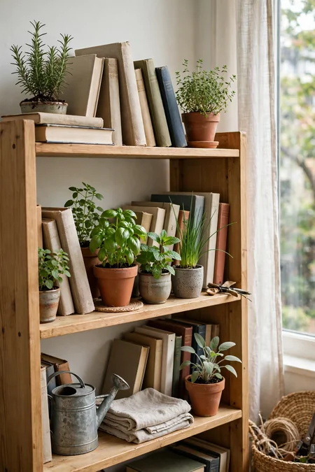 Bookcase shelf turned into a small herb growing zone with potted herbs