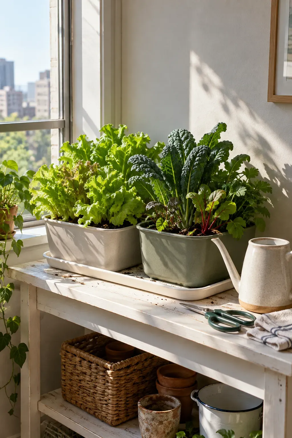 Bright apartment vegetable corner with pale shelf and leafy green pots