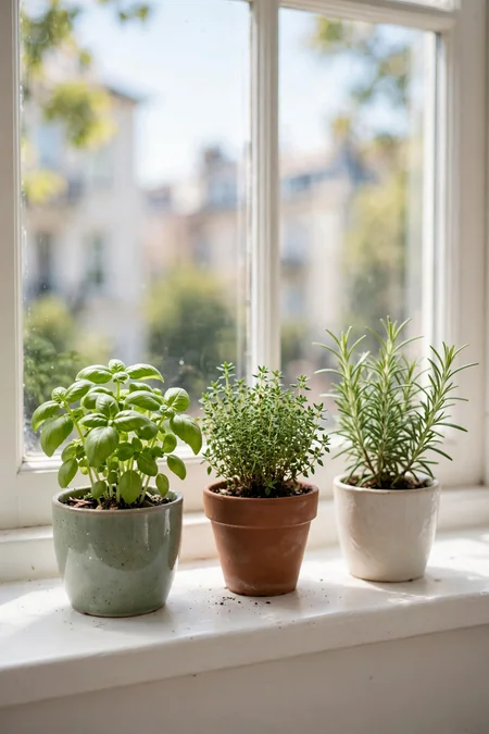 Three small herb pots in a row on a bright windowsill