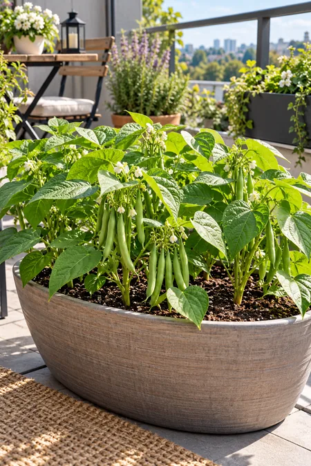 Compact bush bean plants producing green pods in a patio container
