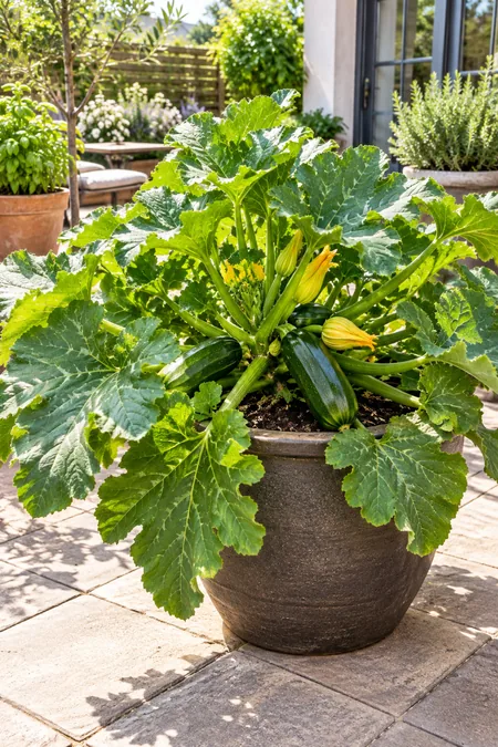 Compact bush zucchini producing green fruit in a large patio container