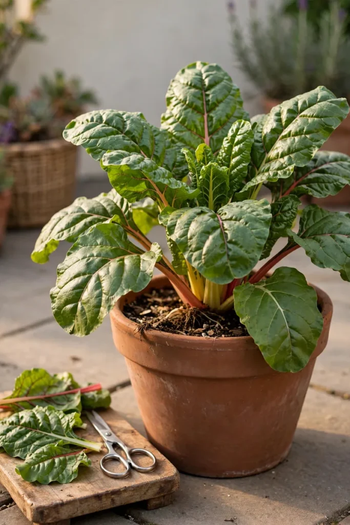 Established chard in a patio pot with freshly picked outer leaves beside it