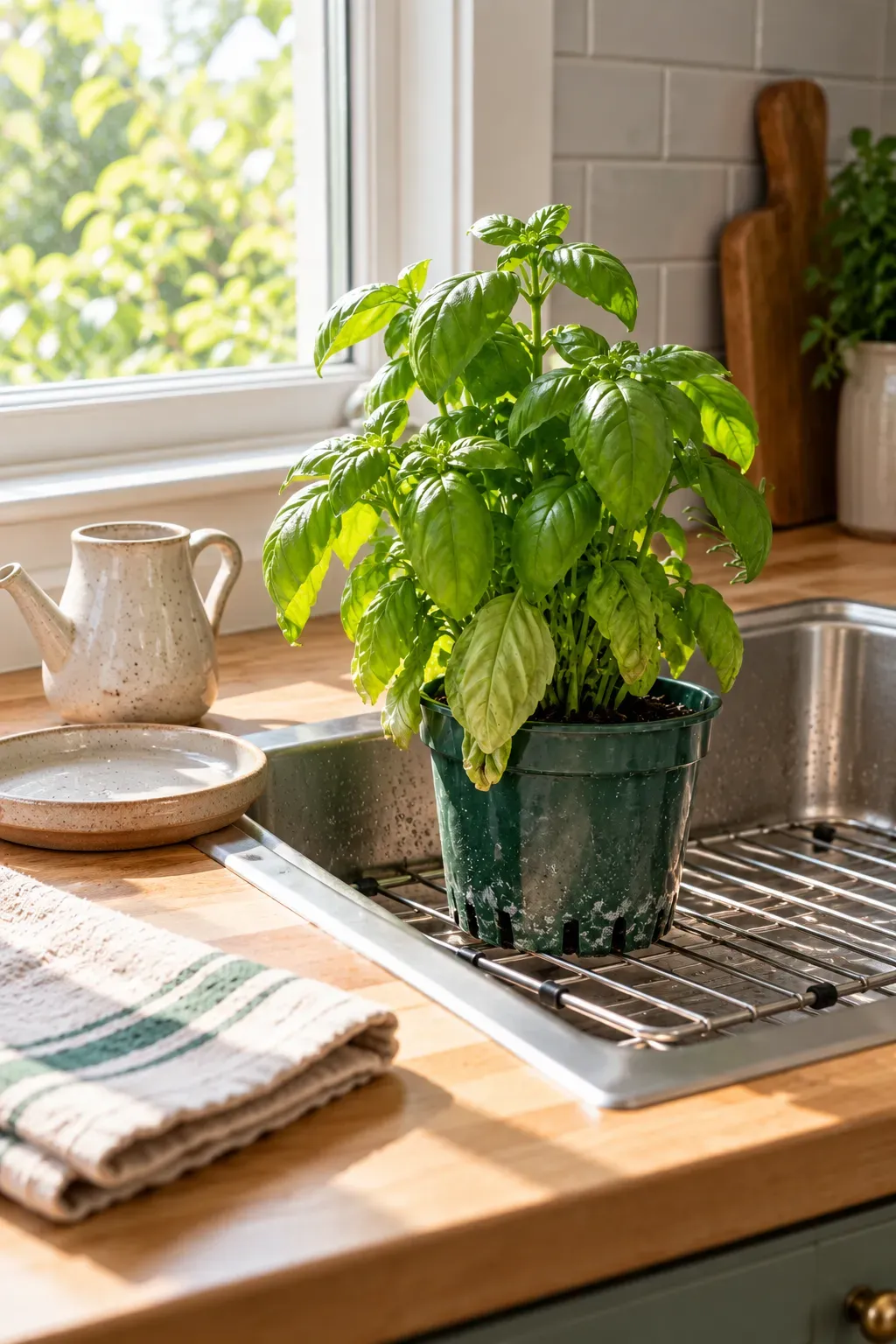 Potted basil drains on a sink rack beside an empty ceramic saucer