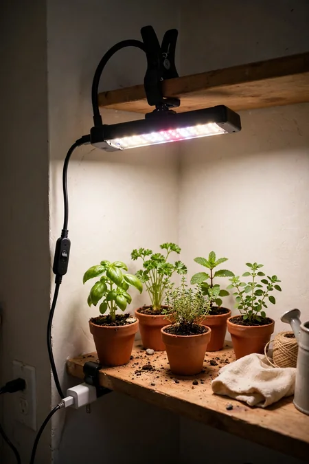 Clip-on grow light over small potted herbs