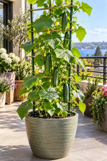 Cucumber vines growing up a trellis from a large patio container