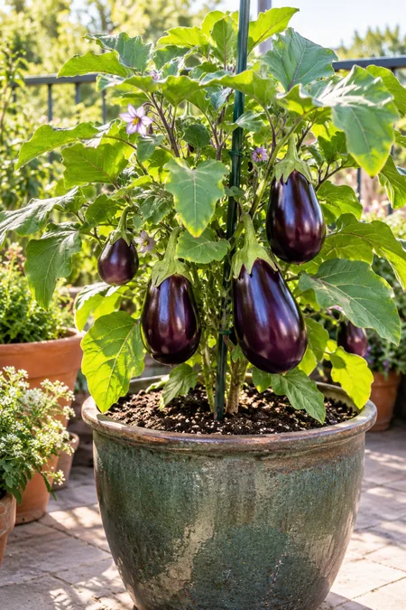 Compact eggplant producing several purple fruits in a sunny patio pot