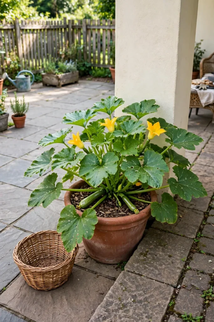 A compact summer squash plant growing in a large pot beside a clear walkway