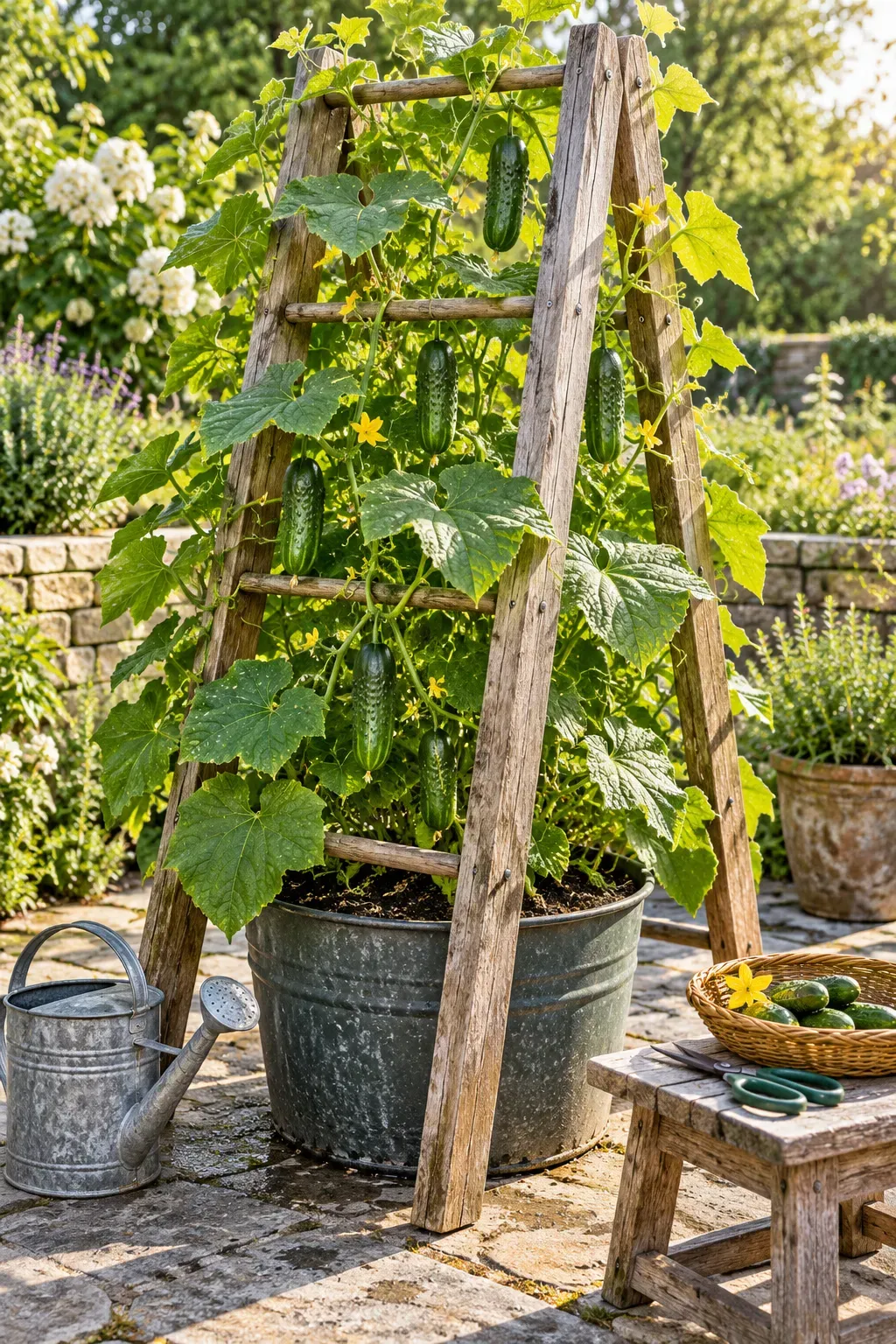 Cucumber vines climbing a wooden A-frame above a roomy container on a sunny patio.