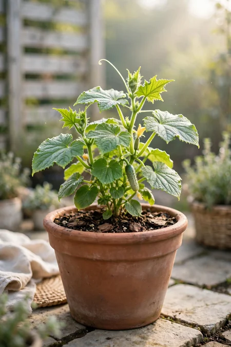 Healthy compact cucumber plant growing in a large patio container