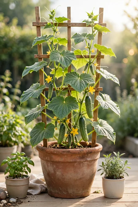 Healthy cucumber plant growing in a sunny outdoor container