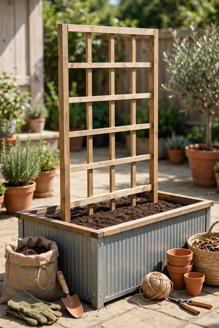 Trellis secured inside a large container before cucumber planting
