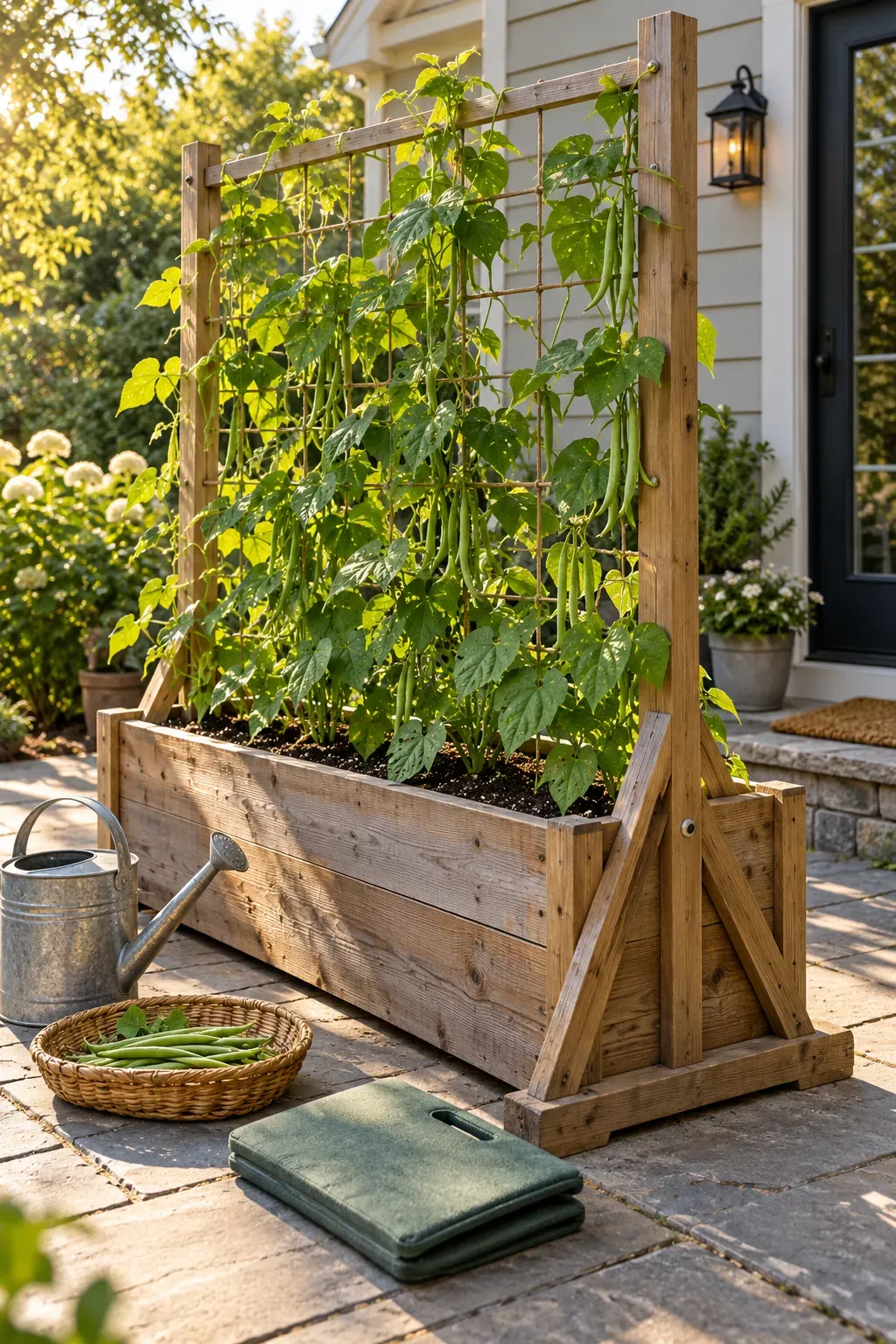 Climbing bean vines growing from a deep patio planter onto a sturdy wooden trellis.