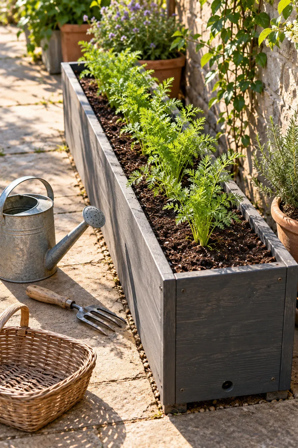 Carrot foliage growing in a deep narrow planter beside a clear sunny patio walkway.