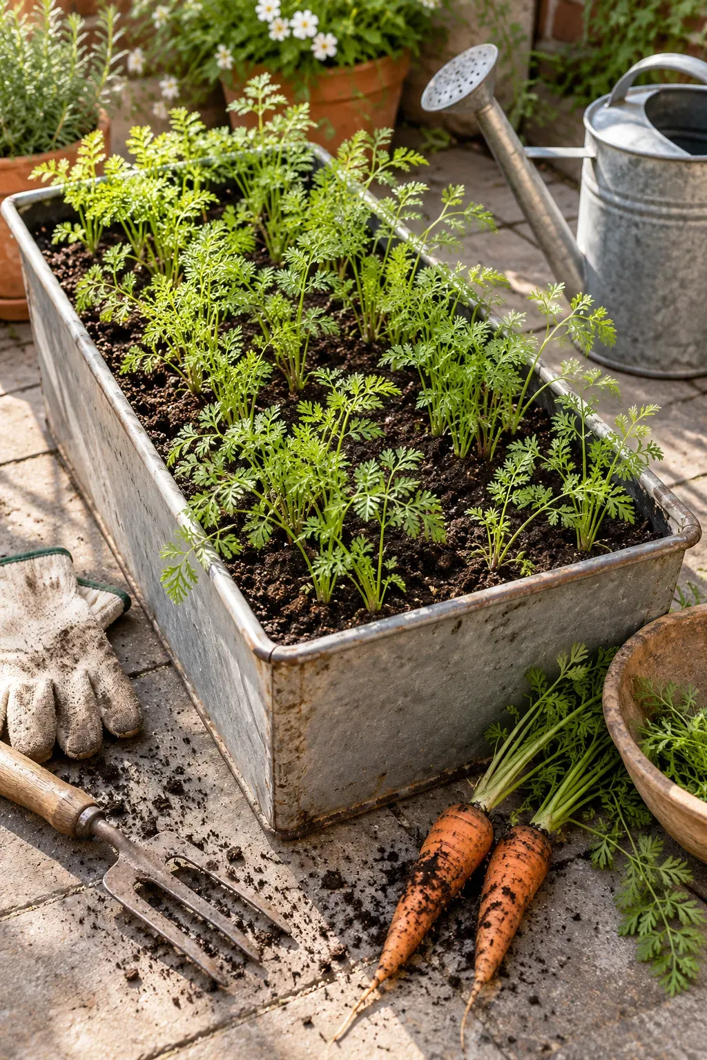 Deep spring planter filled with evenly spaced young carrot tops