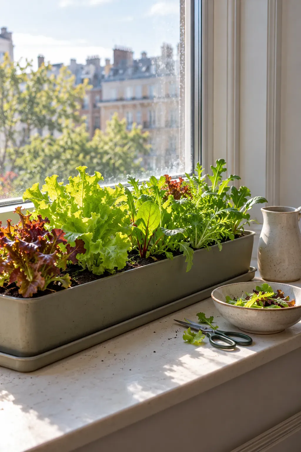 Long trough of leafy greens growing across deep apartment window ledge