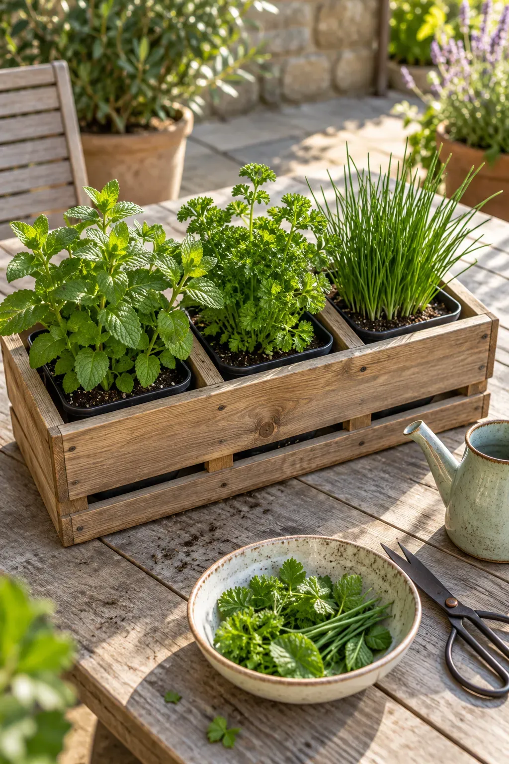 Individual herb pots sitting inside a divided wooden box with accessible pot rims.