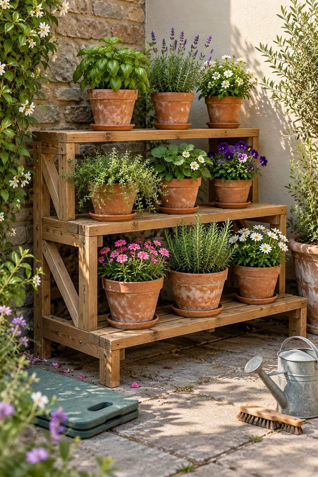 Stepped wooden plant stand holding spaced terracotta pots in a small patio corner.