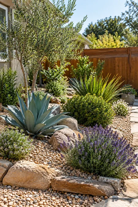 Drought tolerant plants growing in a small bright sunny garden bed