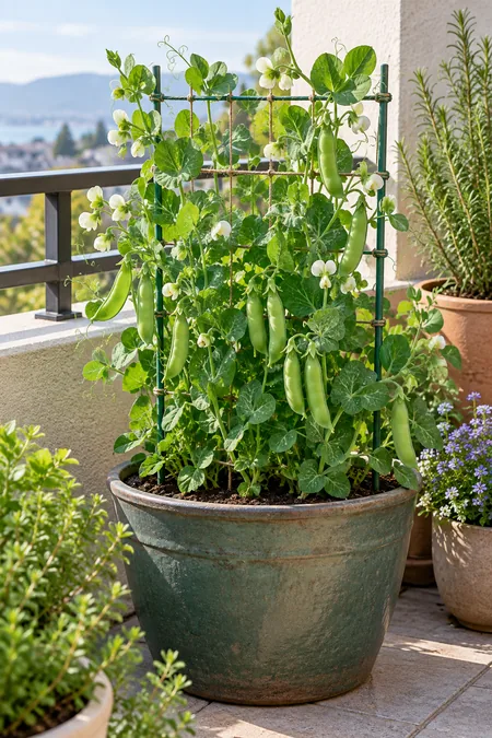 Dwarf pea plants producing fresh pods on a short container trellis