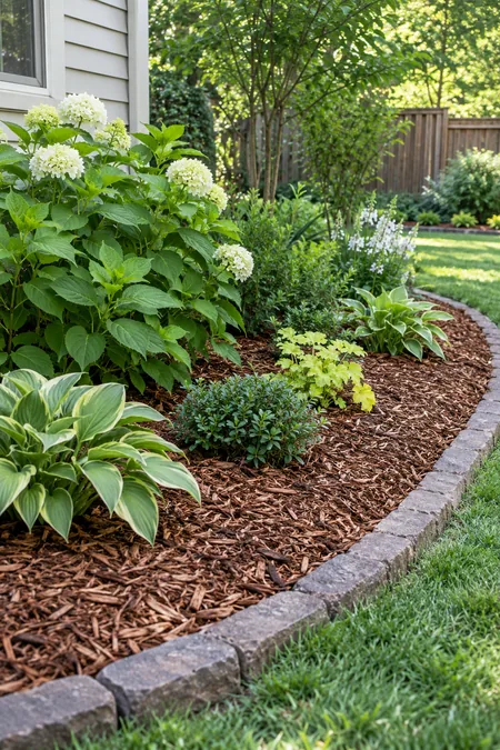 A small garden bed planted with simple repeating groups of perennials