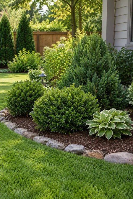 Compact evergreen shrubs giving simple structure to a small garden bed