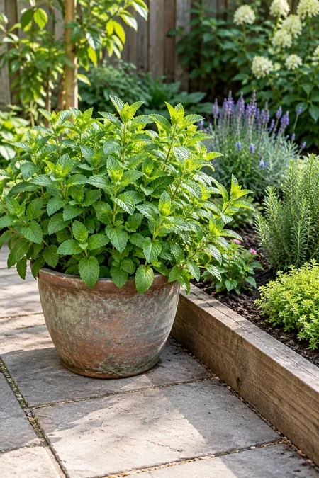A fast growing garden plant kept in its own pot beside a small bed