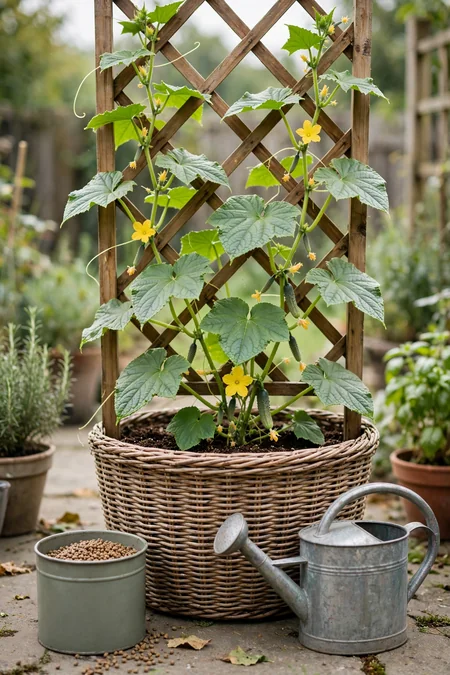 Flowering cucumber plant in a container with vegetable fertilizer nearby