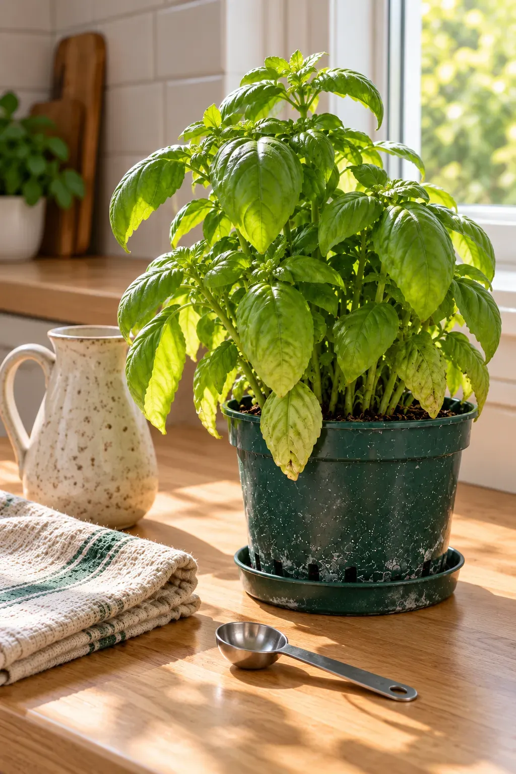 Potted basil beside a watering jug and measuring spoon on a kitchen counter