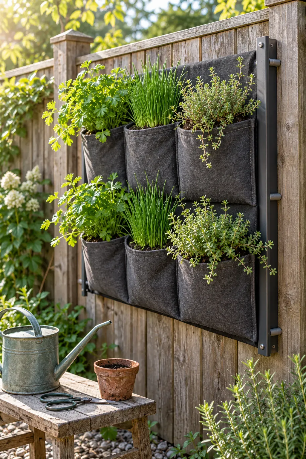 Fabric planting pockets filled with compact herbs on a supported backyard fence frame.