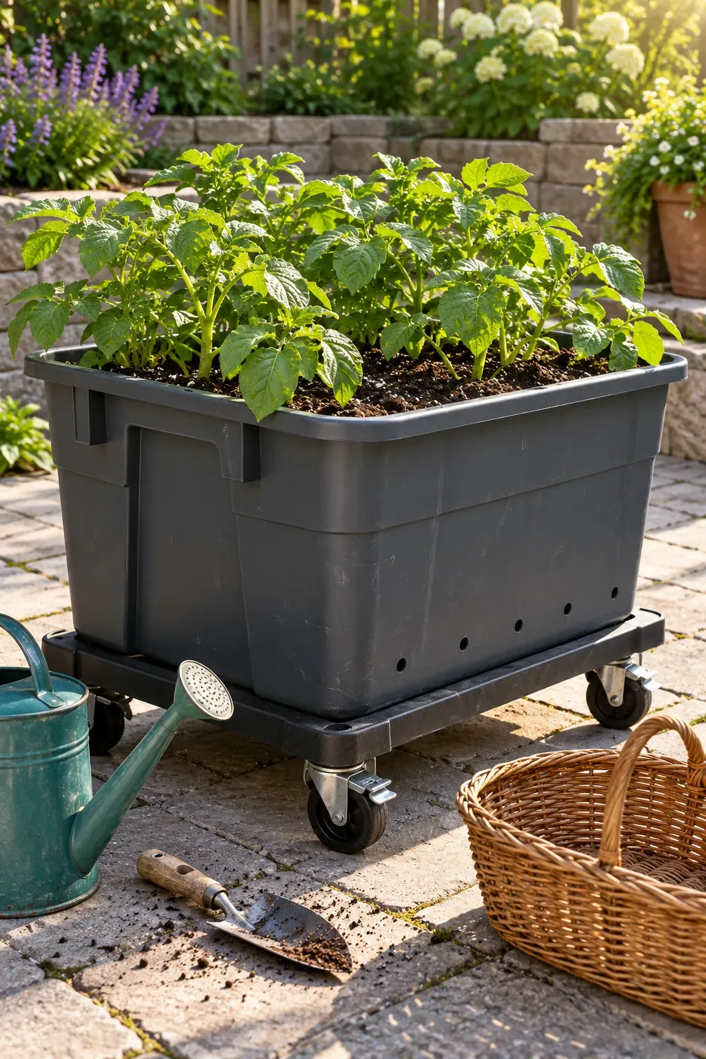 Potato plants growing in a deep opaque tote on a broad wheeled patio platform.