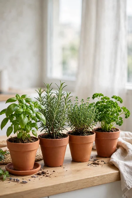 Four-pot herb starter kit arranged in an apartment