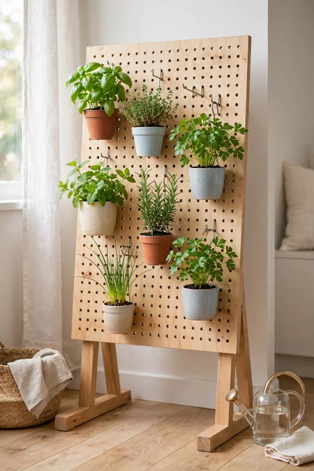 Freestanding pegboard holding small potted culinary herbs in an apartment