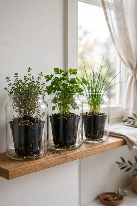 Small herb nursery pots nested inside clear glass jars on a shelf
