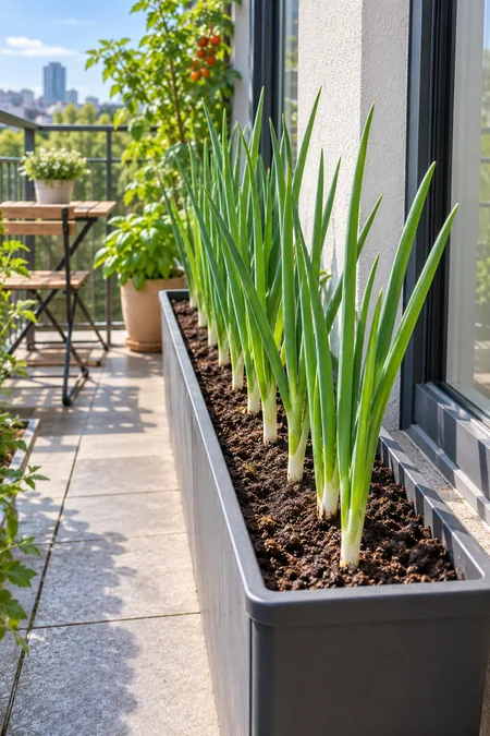 Green onions growing in a narrow planter along a small balcony railing