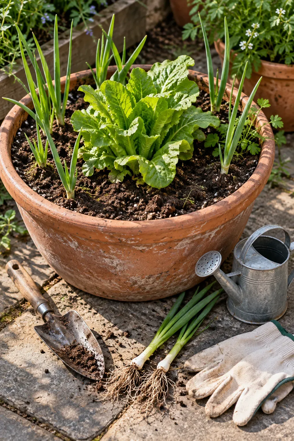 Green onions planted loosely around edge of large spring container