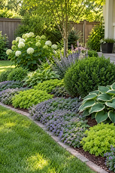 Low ground cover plants filling open spaces in a small garden bed