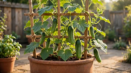 Healthy cucumber vine climbing a trellis from a large container on a sunny patio