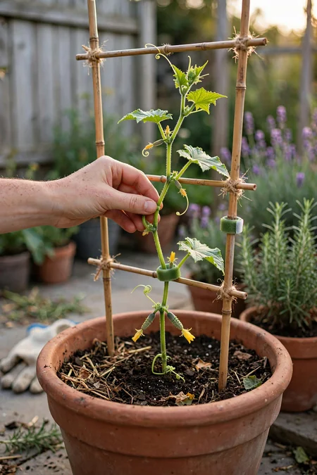 Young cucumber vine being guided gently onto a trellis